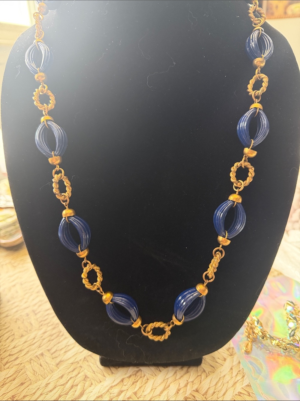 Miriam Haskell Navy and Gold Sculpted Bead Necklace